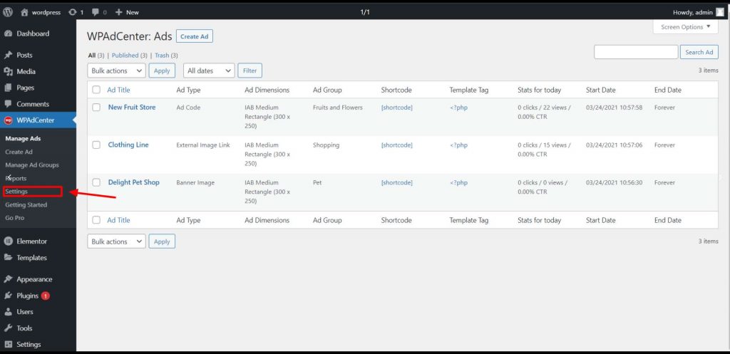 WP AdCenter Settings 